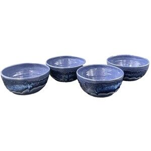 Two Tone Blue Marble Glazed Stoneware Pottery Cereal Soup Ice Cream Bowls 4